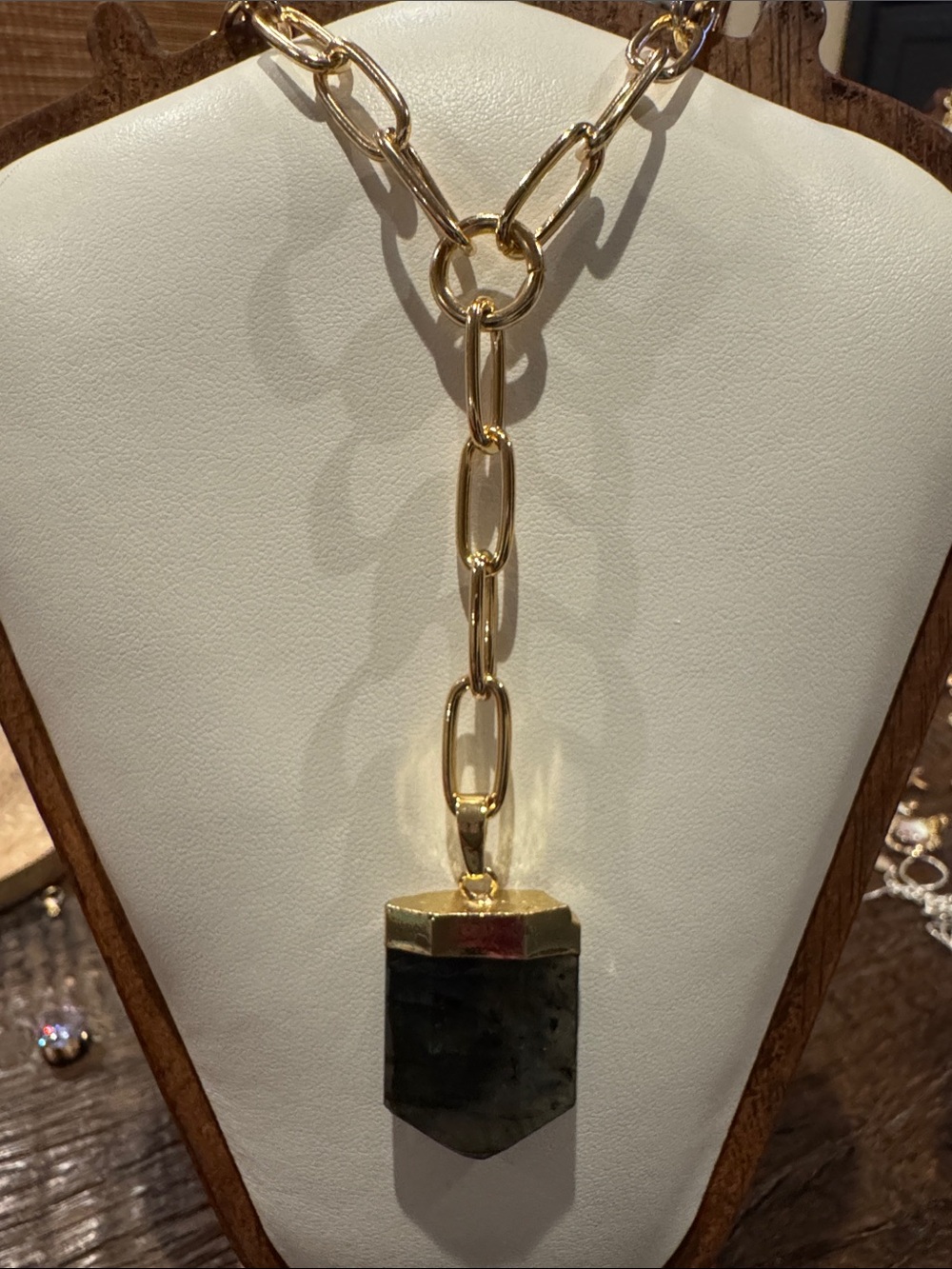Gold Chain Necklace with Dark Green Stone Pendant